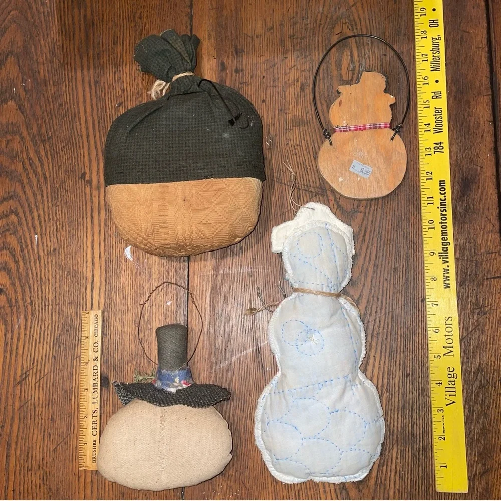 Hand Crafted Primitive Snowmen, Lot of Four, Cottagecore Winter Decor Rustic